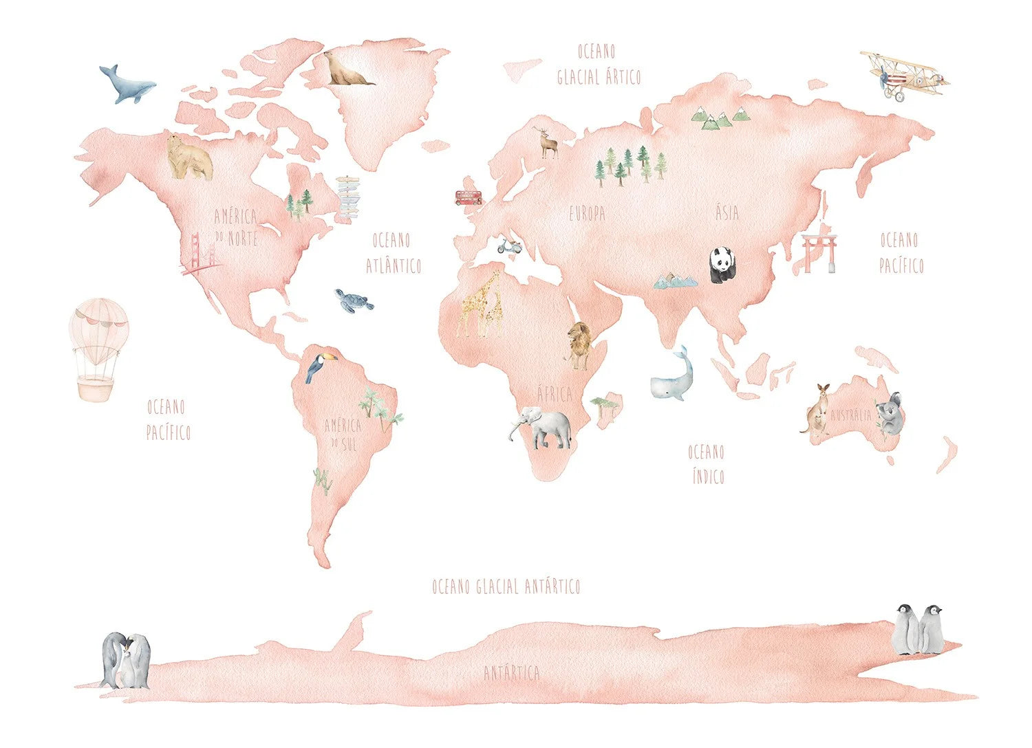 Papel de Parede Mapa Mundi de Animais em Cores