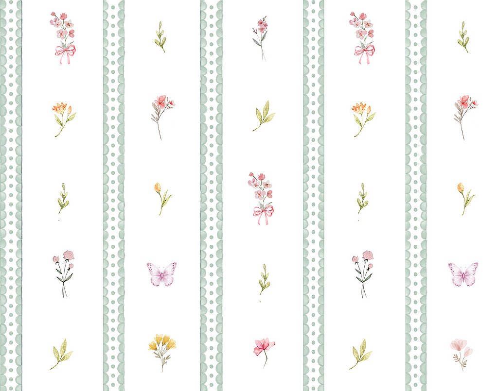 Papel de Parede Listras Floral Borboletas