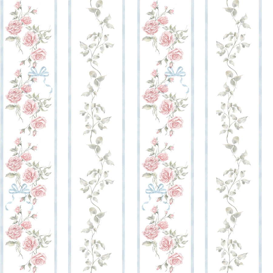Papel de Parede Listras Floral Laço Charlotte Blue