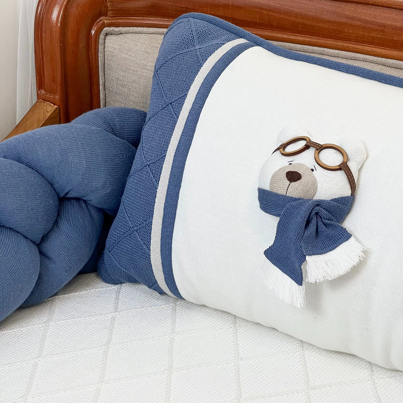 Kit Protetor de  Berço Urso Trança Azul Marinho