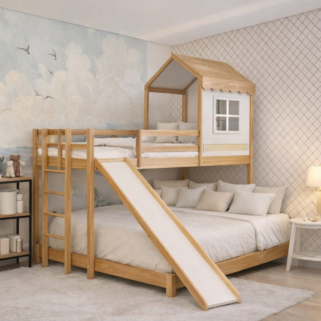 Beliche Fazenda Infantil com Escorregador em Madeira – Cama Solteiro Superior e Queen Inferior