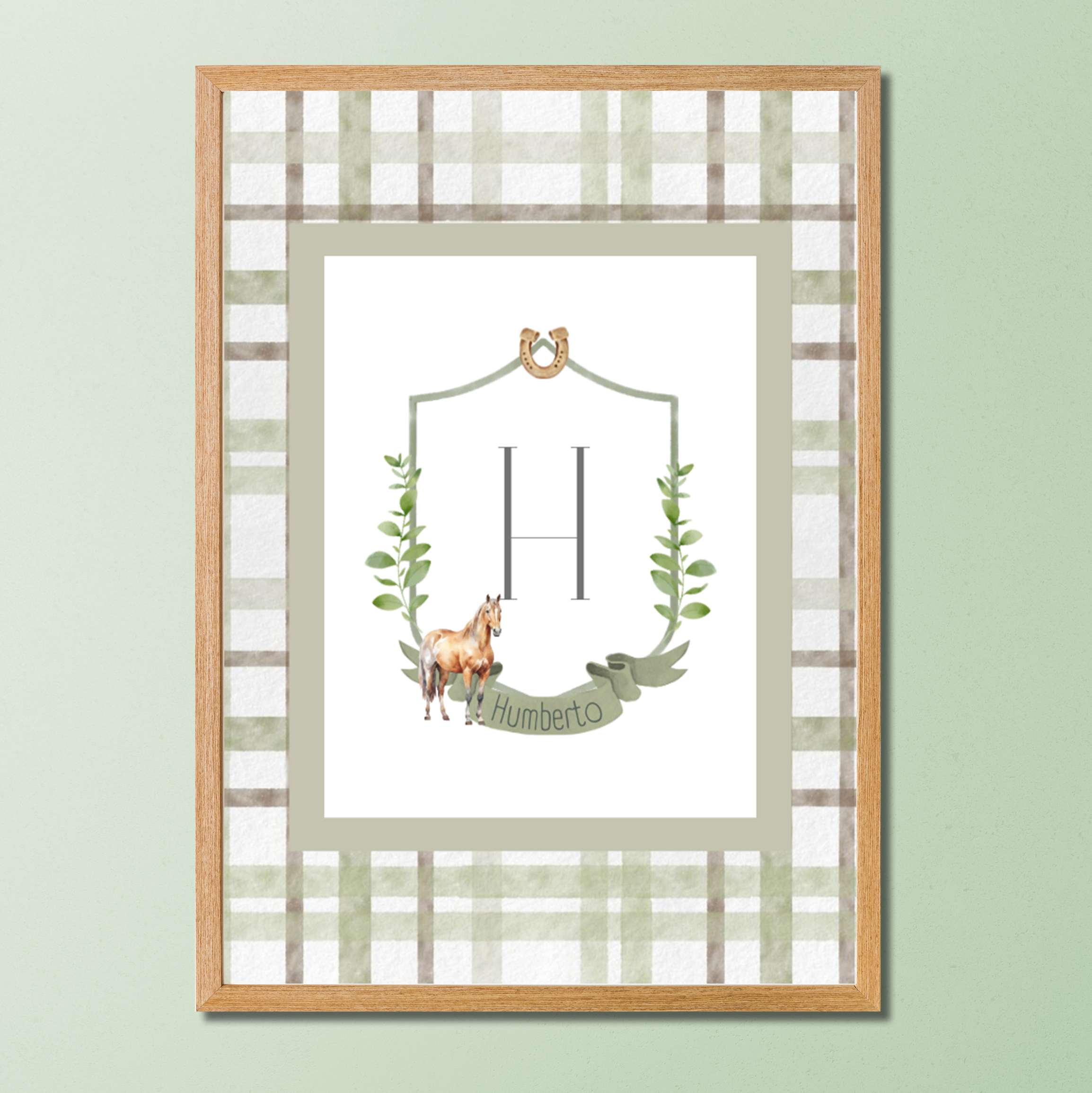 Quadros Decorativos Xadrez Verde Coleção Cavalos com inicial e nome personalizado