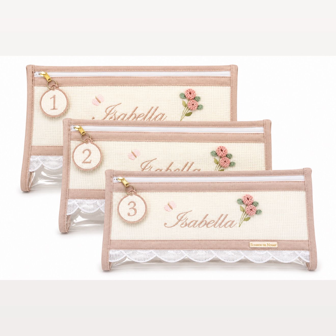 Kit Maternidade Isabella com Nome Personalizado com 3 Saquinhos Organizadores