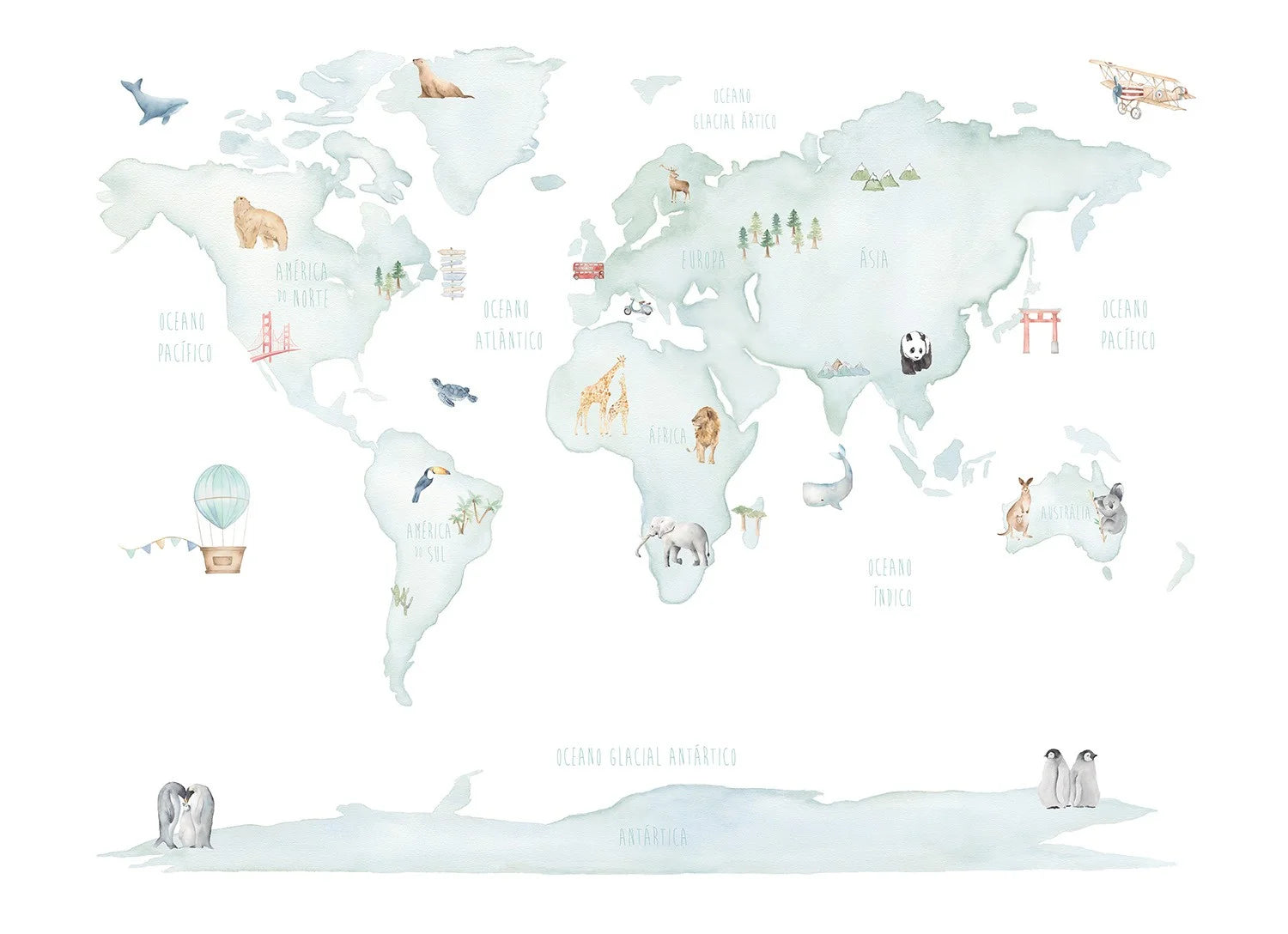 Papel de Parede Mapa Mundi de Animais em Cores
