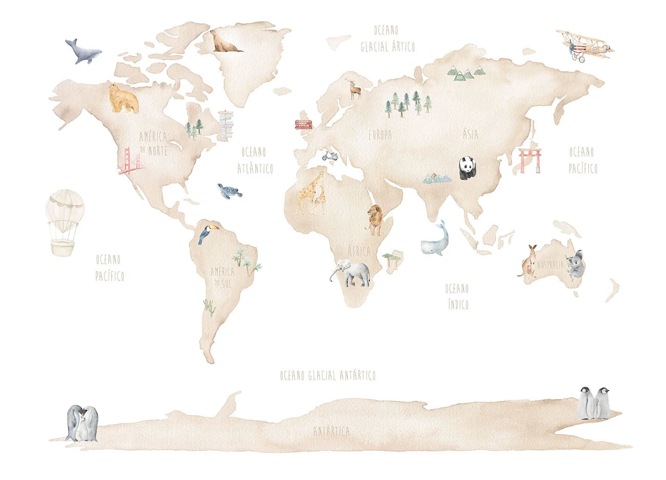 Papel de Parede Mapa Mundi de Animais em Cores