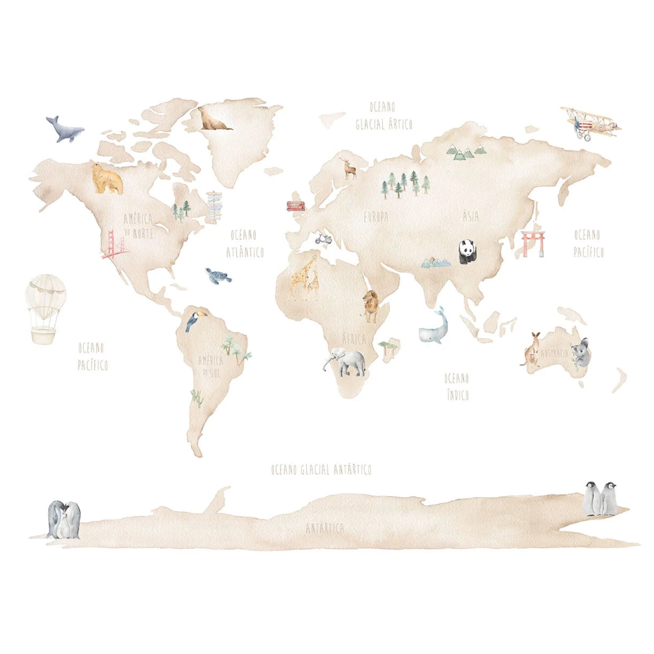 Papel de Parede Mapa Mundi de Animais em Cores