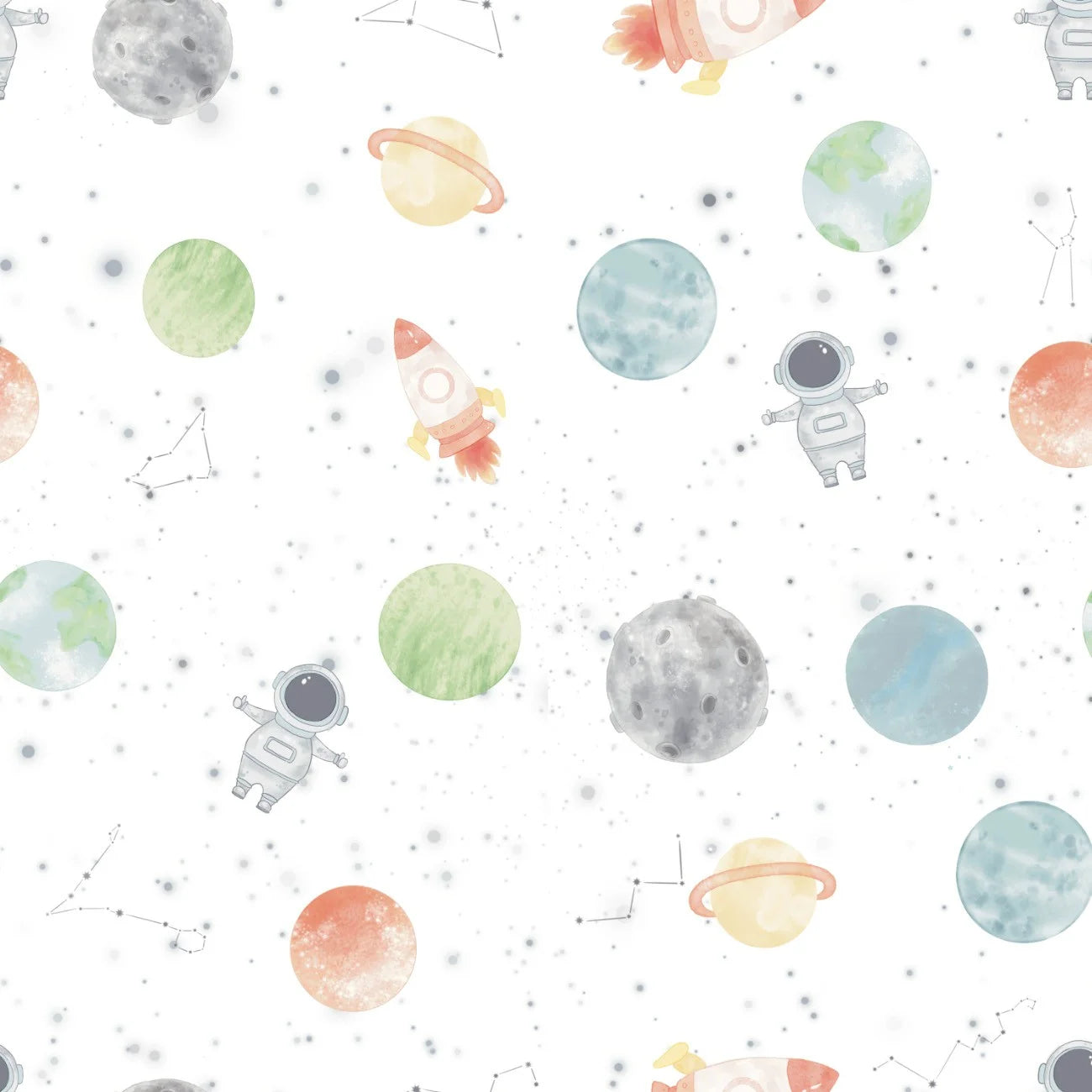 Papel de Parede Estampa de Astronauta com Planetas