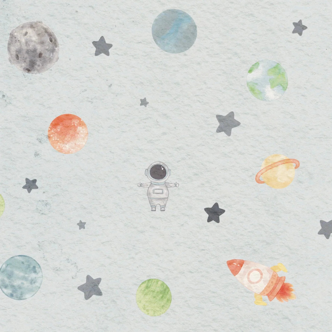 Papel de Parede Estampa de Astronauta com Planetas