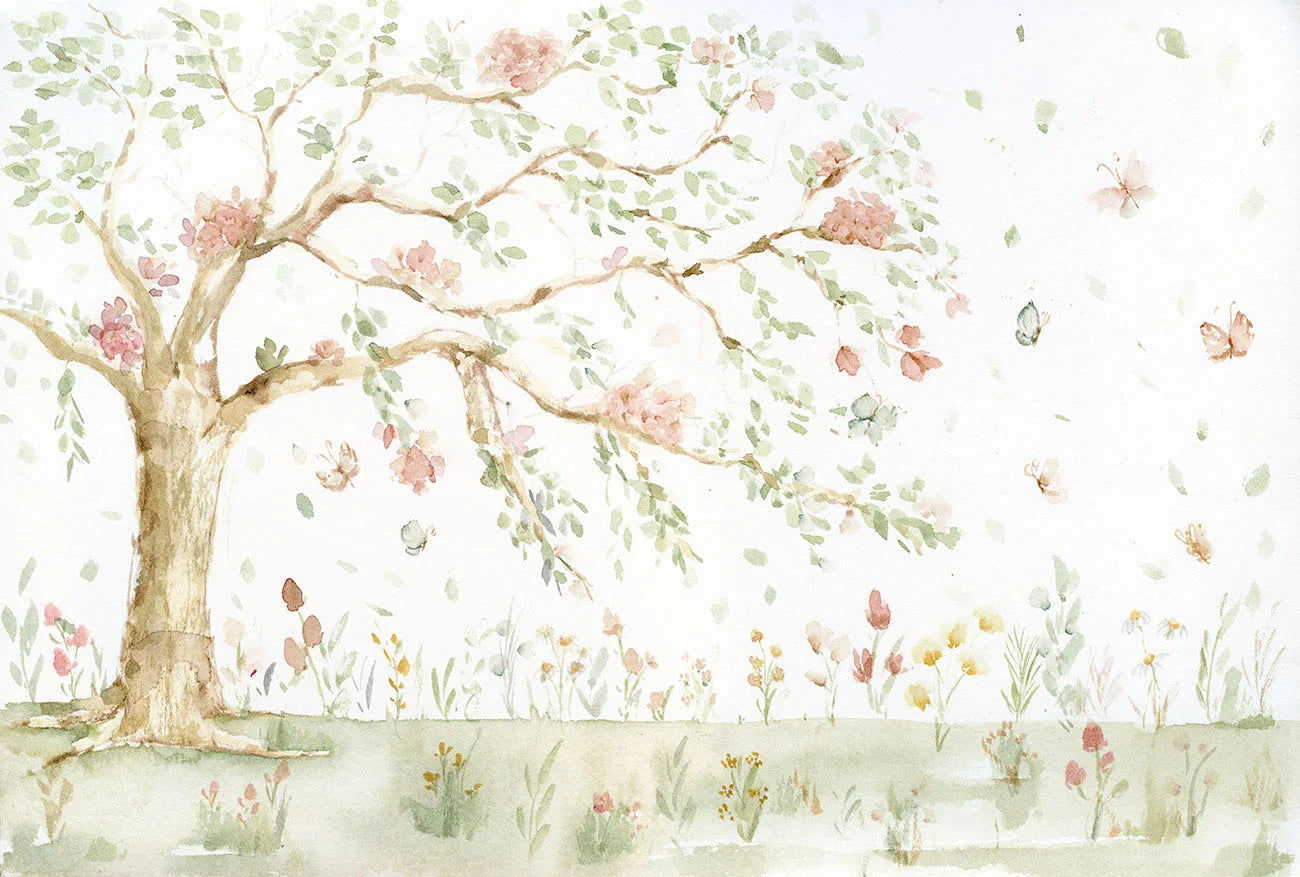 Papel de Parede Árvore Jardim Aquarela