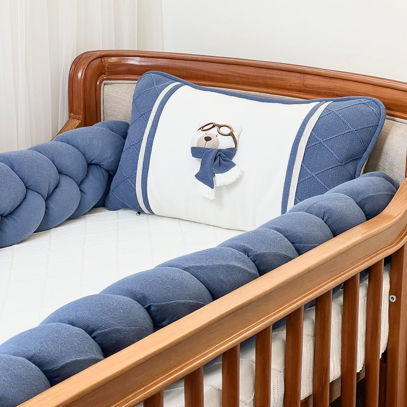 Kit Protetor de  Berço Urso Trança Azul Marinho