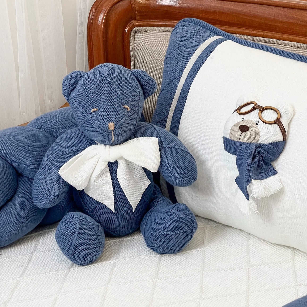 Kit Protetor de  Berço Urso Trança Azul Marinho