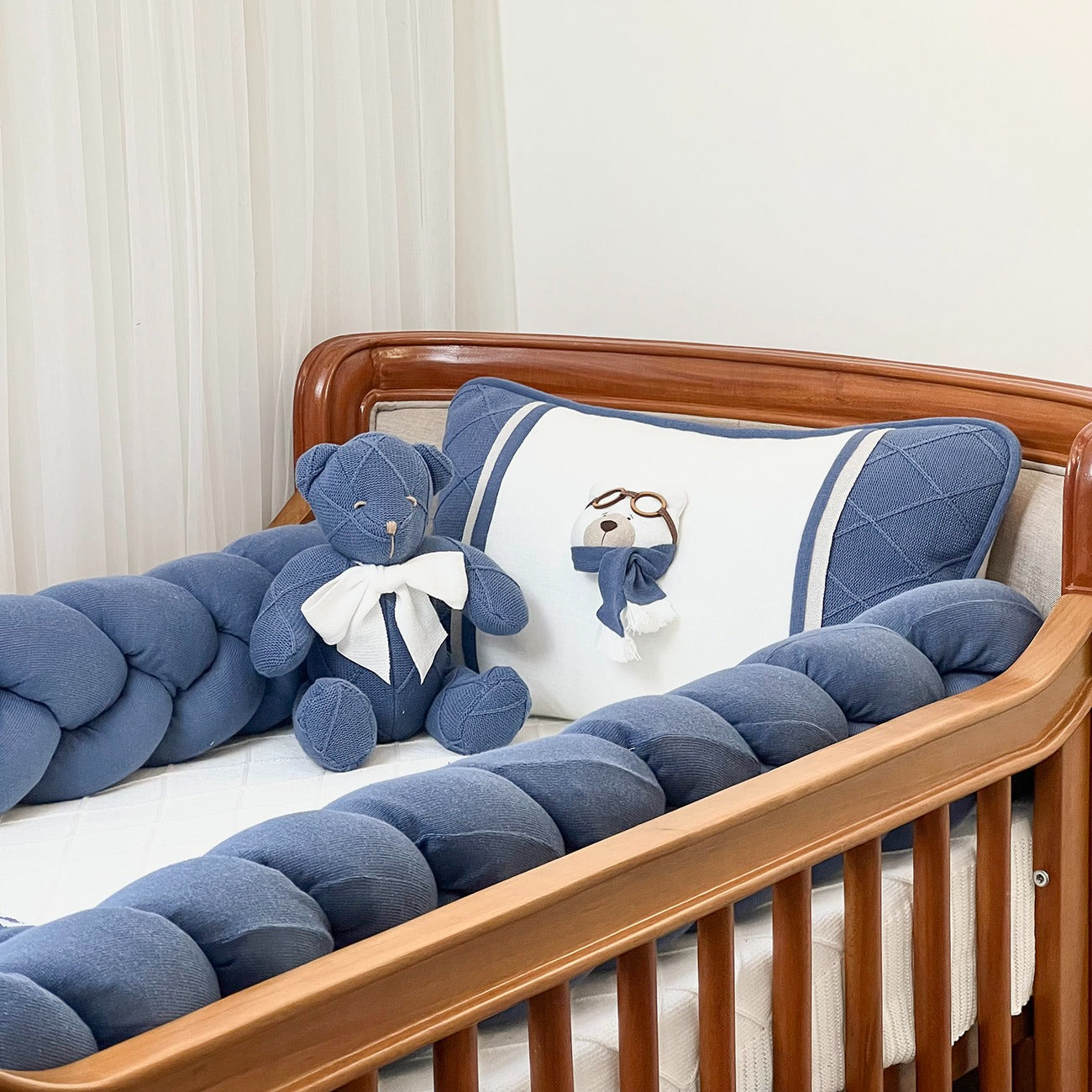 Kit Protetor de  Berço Urso Trança Azul Marinho